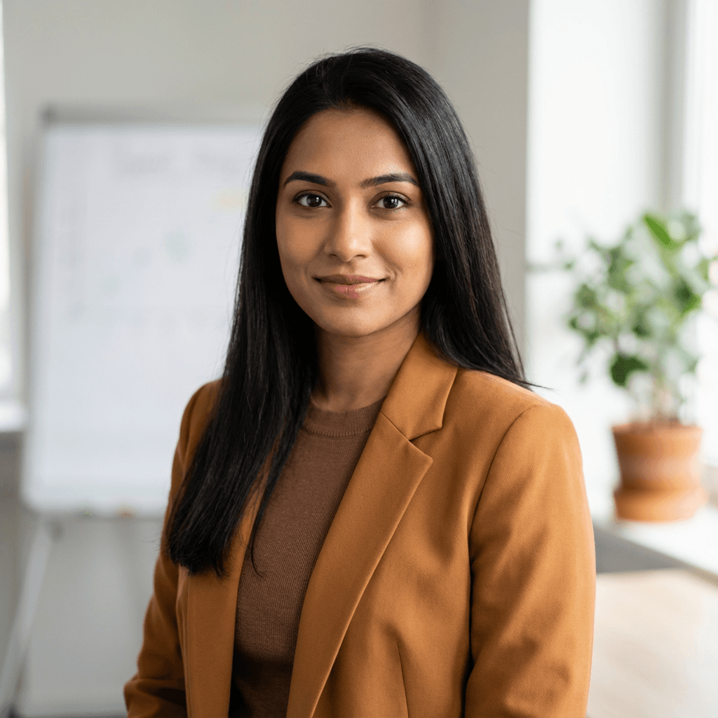 Professional woman smiling at corporate event with stage lights