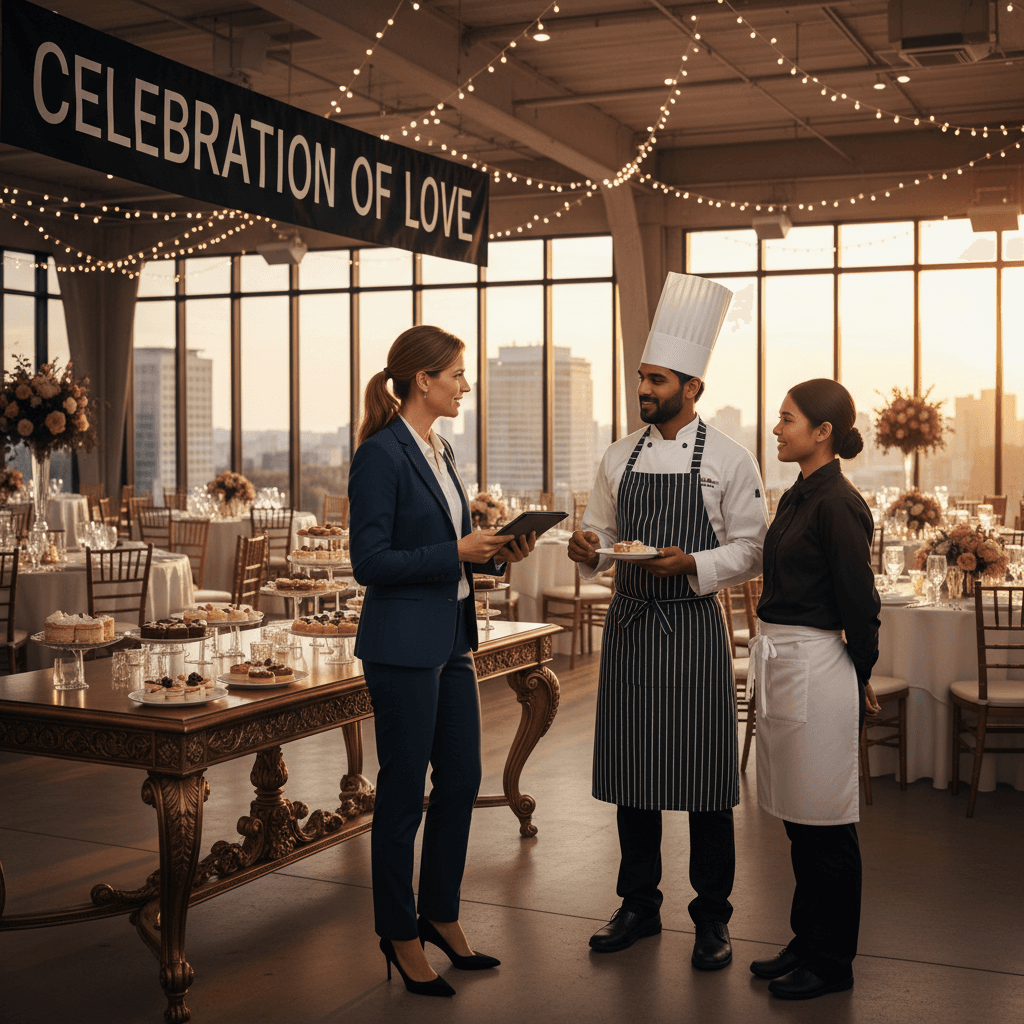 Event coordinator talking with catering staff at a reception venue