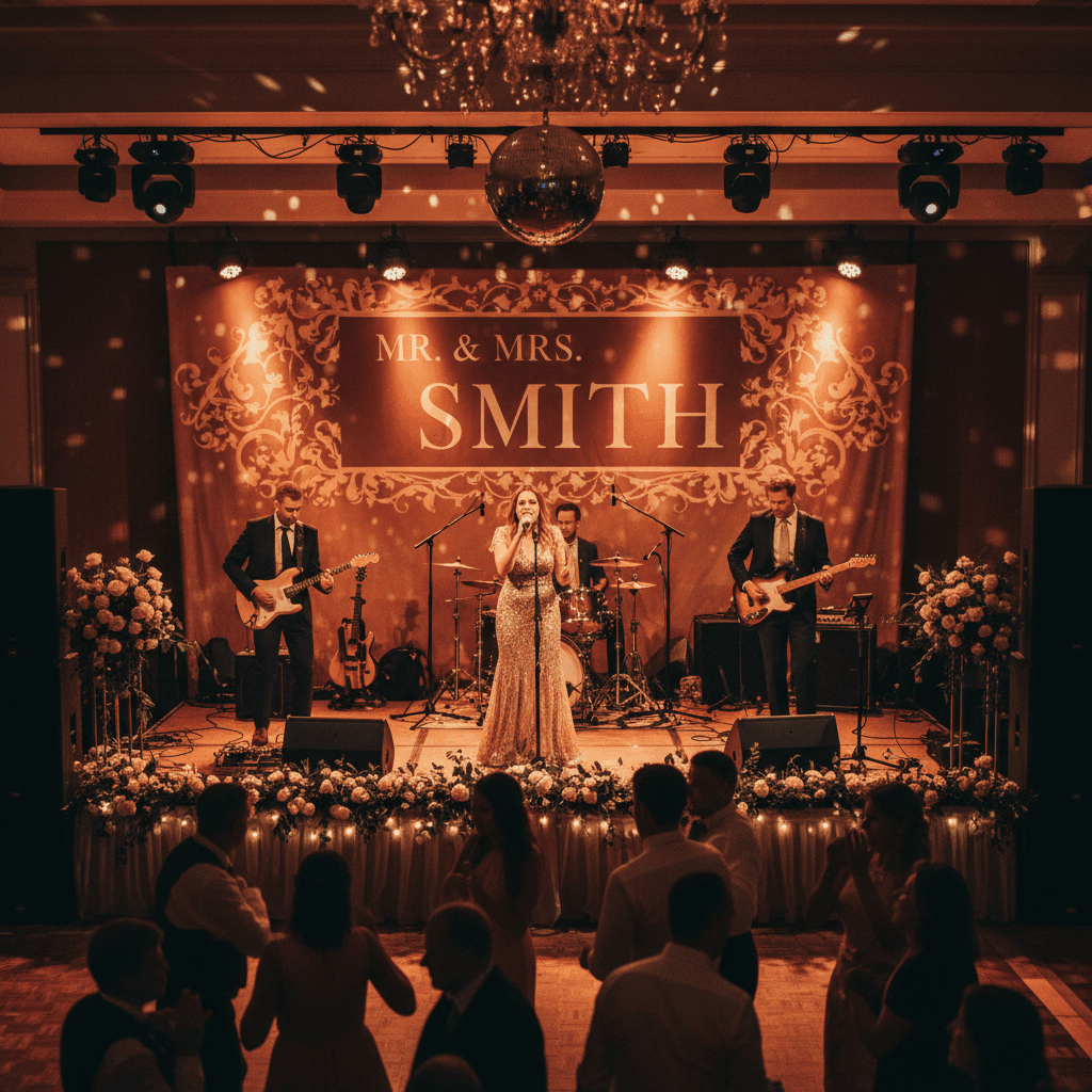 Live band performing on stage at a wedding reception