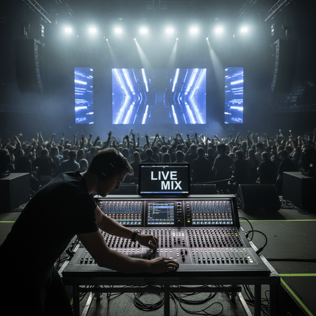 Sound engineer adjusting a mixing console at an event venue