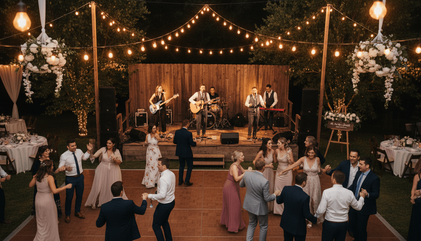 Live band performing at a wedding reception with guests dancing under warm string lights