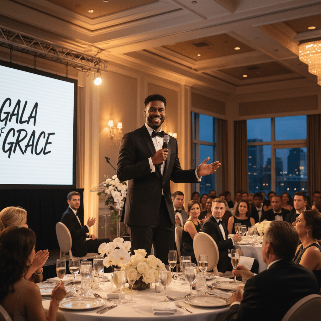 Emcee speaking into a microphone at an elegant event