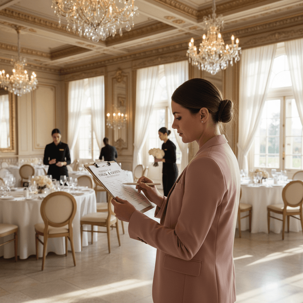Wedding planner checking a schedule with a clipboard at an elegant venue