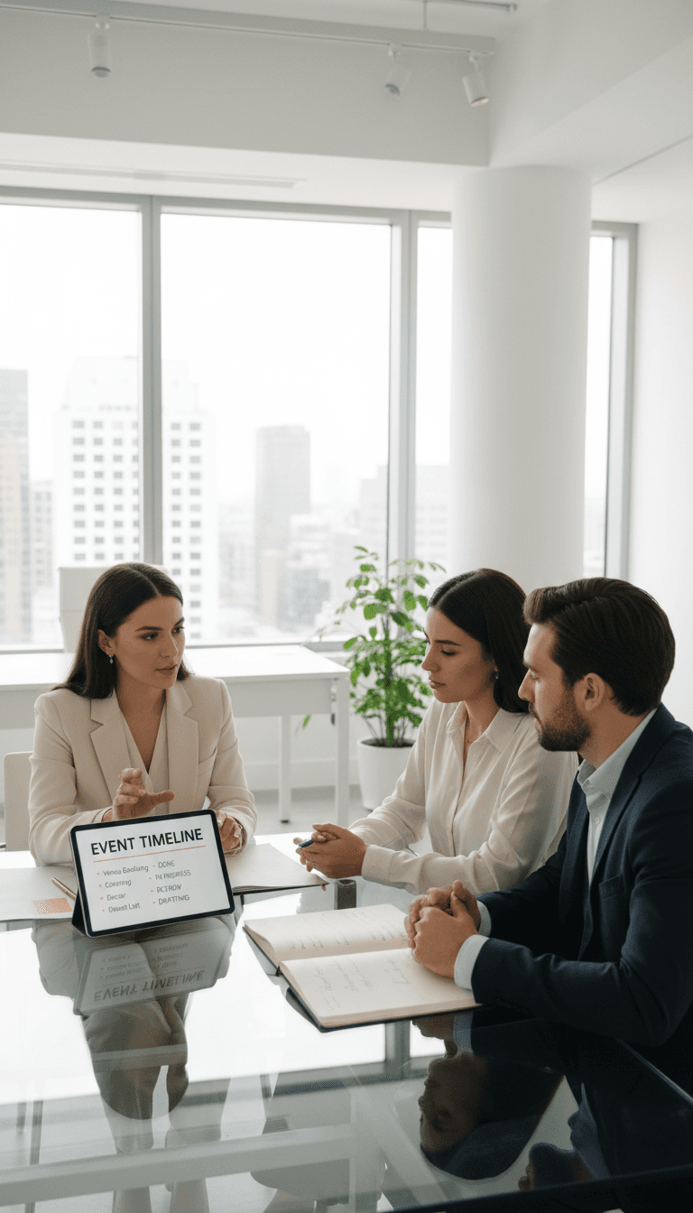 Event planner reviewing timeline and notes with clients