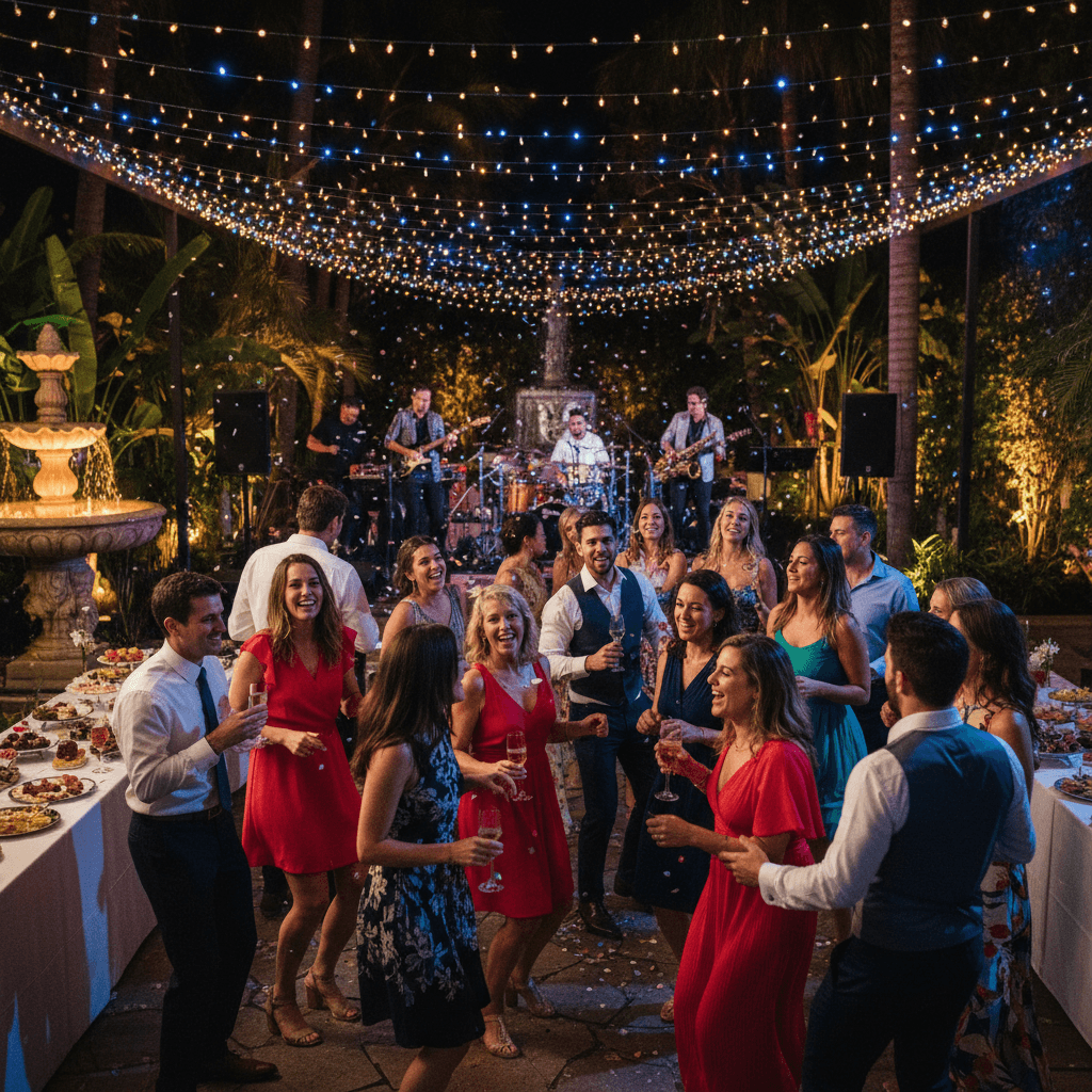 Guests dancing and laughing at a festive celebration