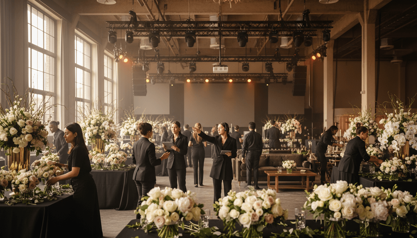 Event planner directing lighting and stage setup at venue