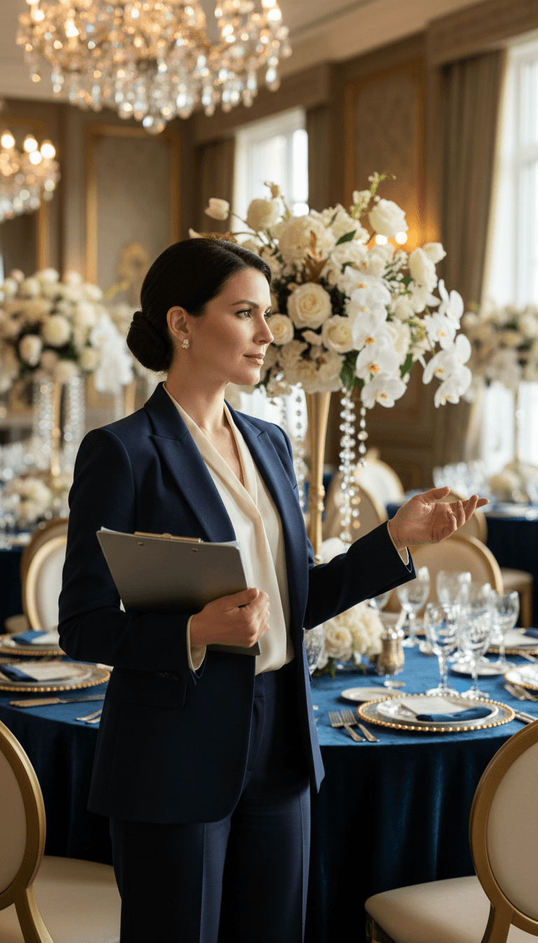 Event coordinator planning entertainment schedule at a wedding venue