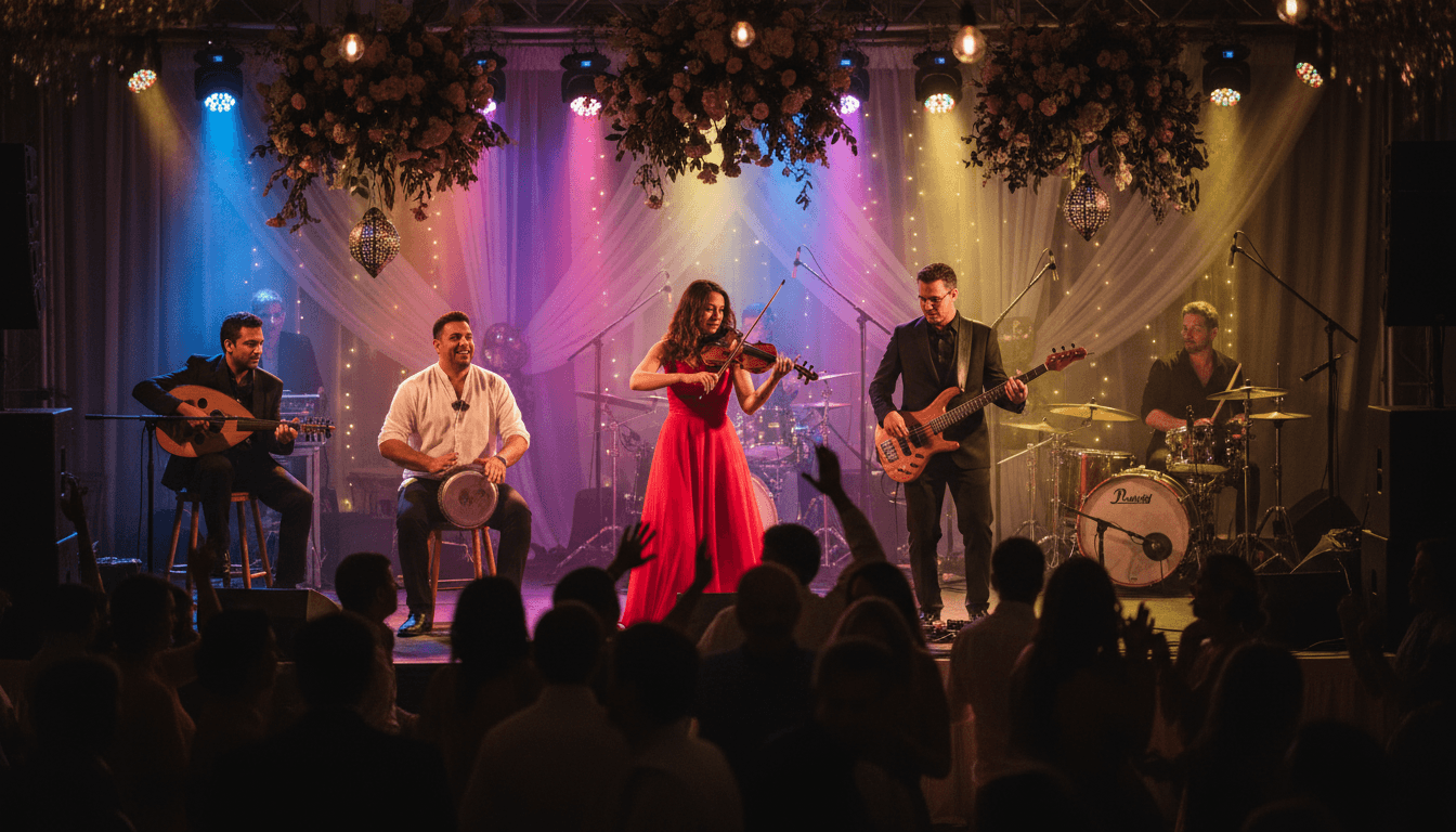 Live band performing on stage at a wedding reception with warm festive lighting