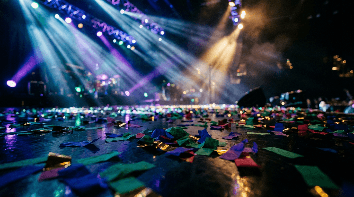 Live event stage with warm lighting and confetti over an excited crowd