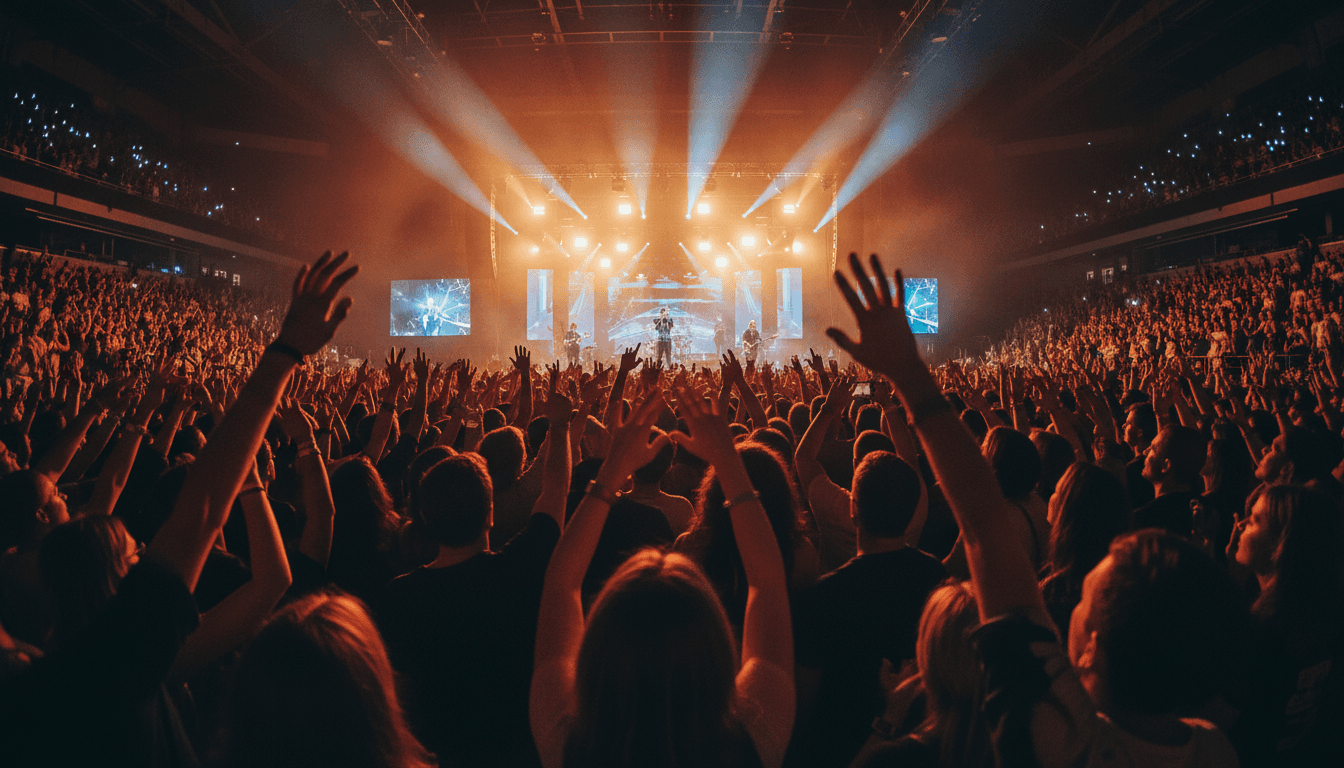 Colorful stage lights illuminating a live concert performance