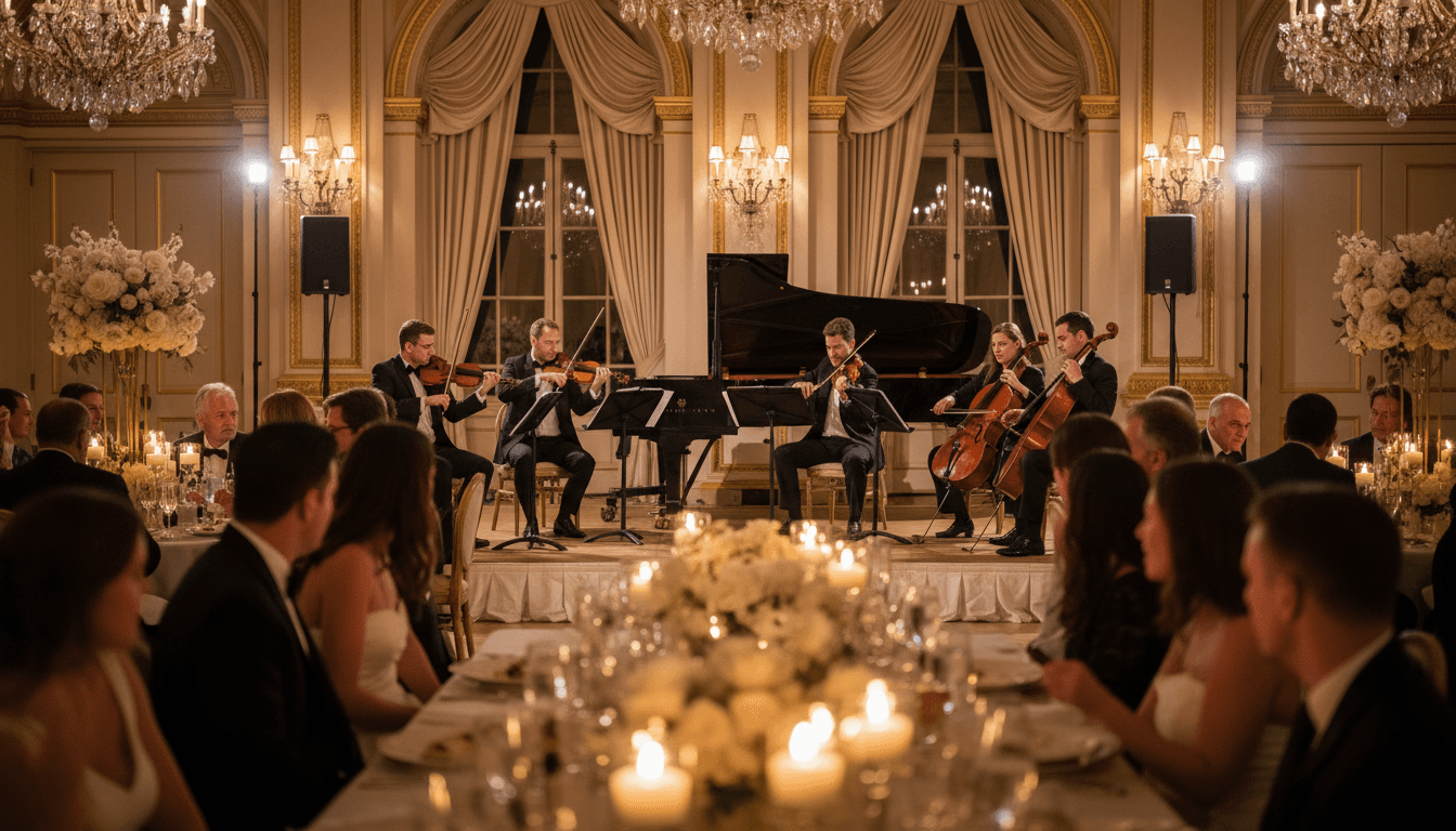 Wedding reception with live band in grand ballroom