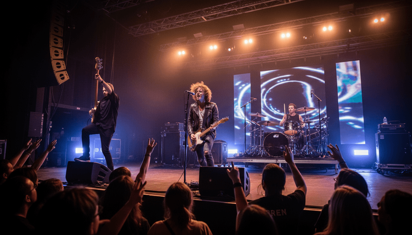 Live band performing on stage with warm stage lighting
