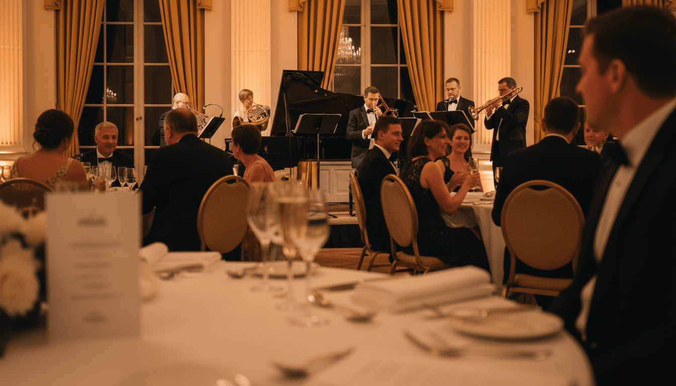 Live band performing on stage at elegant event with warm lighting