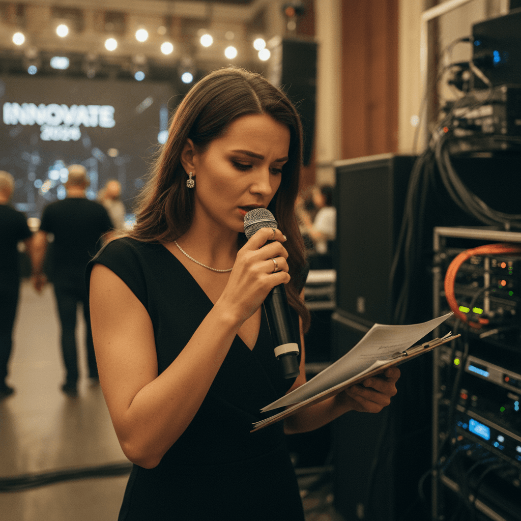 Coordinator checking sound equipment before event