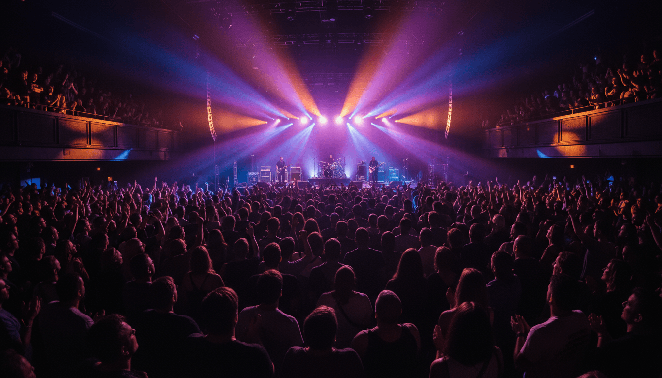Live band performing on stage with warm colorful lighting and a dancing crowd at an event