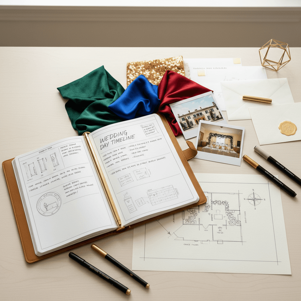 Wedding reception timeline and notes on a table