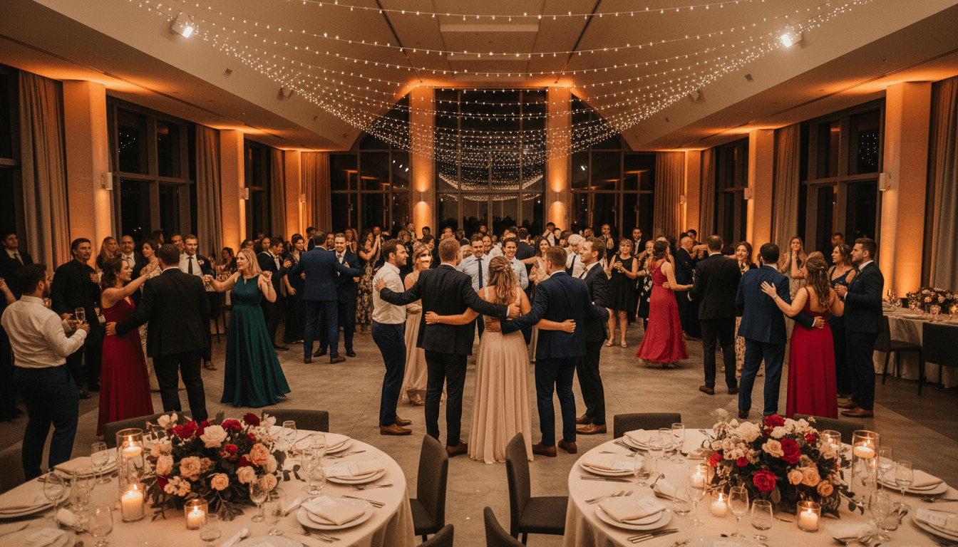 Couple dancing at a wedding reception with warm string lights and a live band playing behind them
