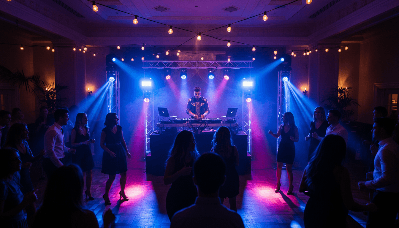 Singer performing with microphone while guests dance nearby