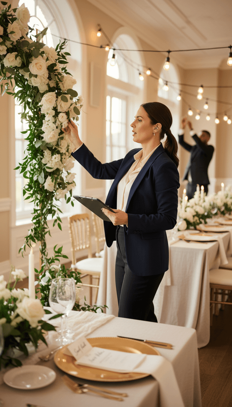 Event staff coordinating backstage at wedding reception