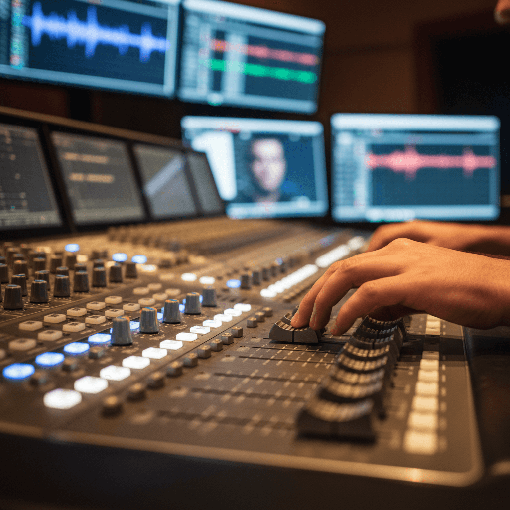 Sound engineer adjusting audio mixer at live event